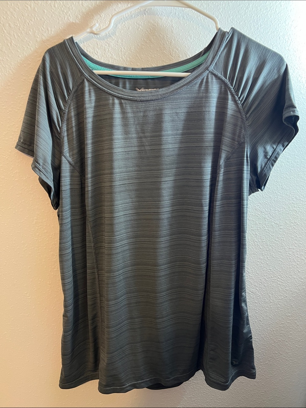Xersion Women's Short Sleeve Performance Tee - Gray with Green Trim